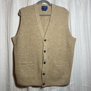 Pendleton Button Front Cardigan Shetland Virgin Wool Sweater Vest L Beige Tan